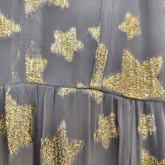 Loft Gold Star Print Shimmer Long-Sleeve Tiered Dress Gray Metallic Babydoll - Picture 7 of 11
